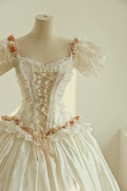Elegant Square Neck Lace Ruffle Pleated Wedding Dress D2998