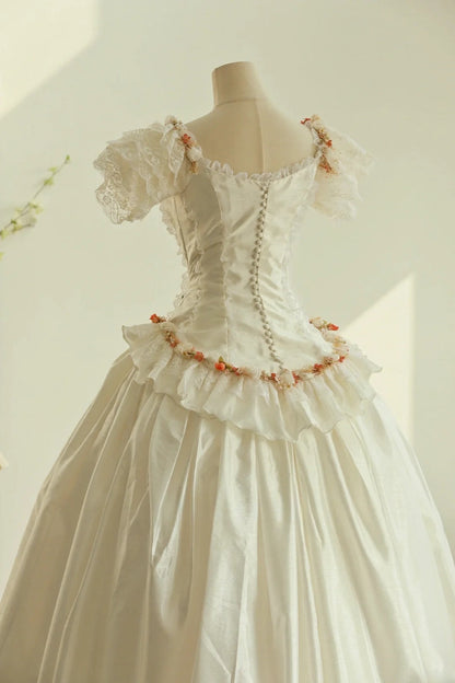 Elegant Square Neck Lace Ruffle Pleated Wedding Dress D2998