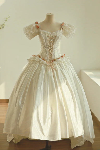 Elegant Square Neck Lace Ruffle Pleated Wedding Dress D2998