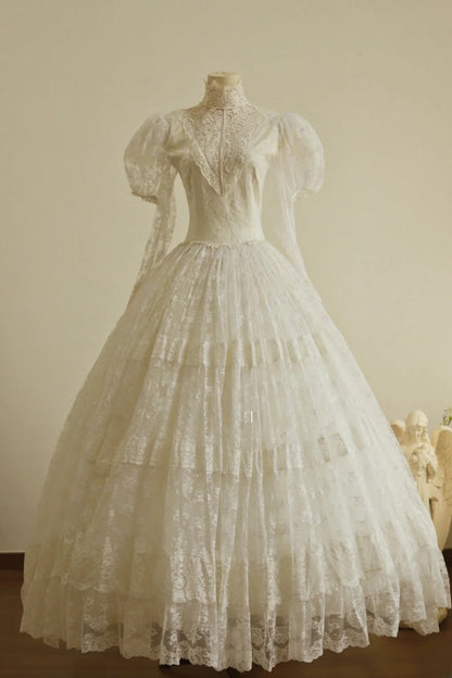 Charming High Collar Lace Pleated Tiered Wedding Dress D2999