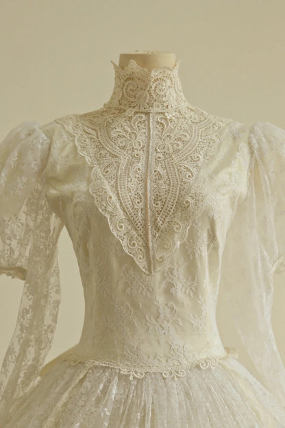 Charming High Collar Lace Pleated Tiered Wedding Dress D2999