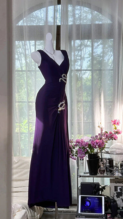 Gorgeous Prom Dress Dark Purple V-neck Pleated Evening Dress Gala Dress D3034
