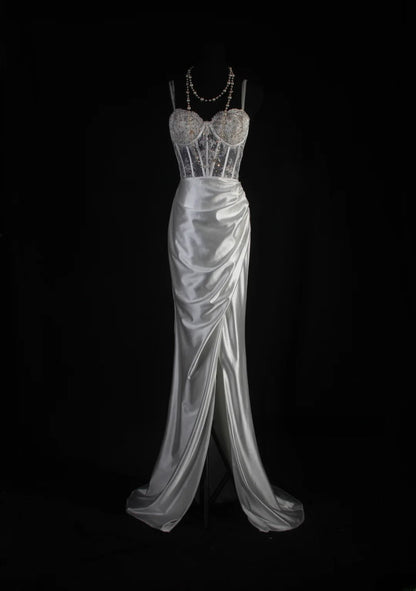 Elegant Prom Dress Spaghetti Straps Slit Pleated Mermaid Evening Dresses Gala Dress D3040