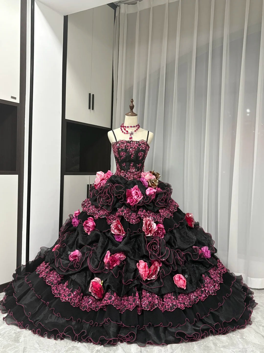 Stunning Prom Dress Spaghetti Straps Flower Ruffle Ball Gown Evening Dress Quinceanera Dress   D3051