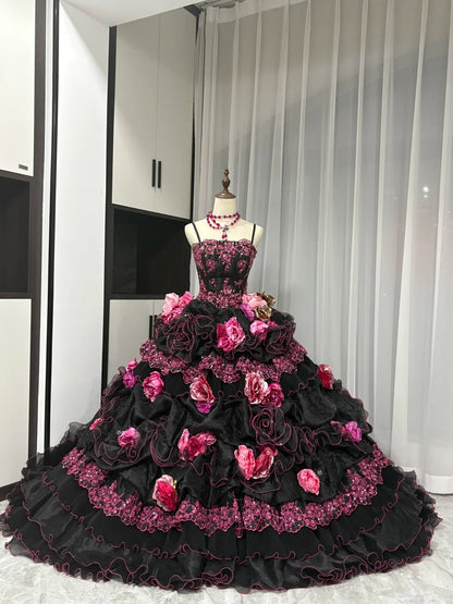 Stunning Prom Dress Spaghetti Straps Flower Ruffle Ball Gown Evening Dress Quinceanera Dress   D3051