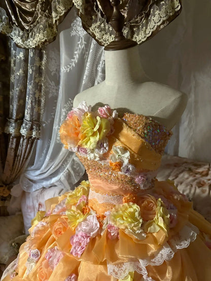 Beauty Prom Dress Strapless Flower Tiered Ball Gown Evening Dress Sweet 16 Dress    D3052