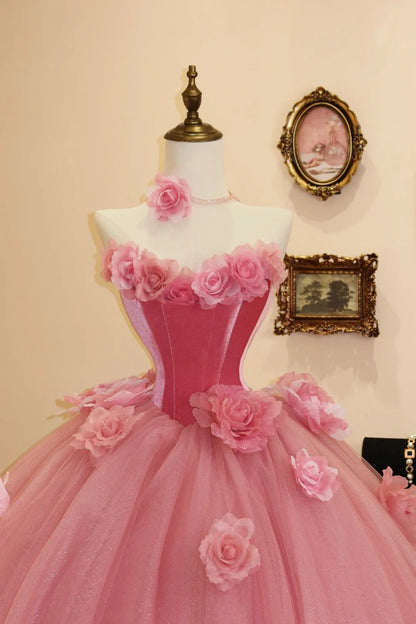 Sweet Prom Dress Hot Pink Strapless Flower Tulle Evening Dress Quinceanera Dress Ball Gown   D3082