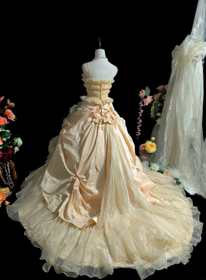 Sweet Prom Dress Yellow Spaghetti Straps Pleated Tulle Evening Dress Quinceanera Dress Ball Gown  D3106