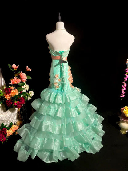 Stunning Prom Dress Strapless Pleated Tiered Mermaid Evening Dress Gala Dress   D3109