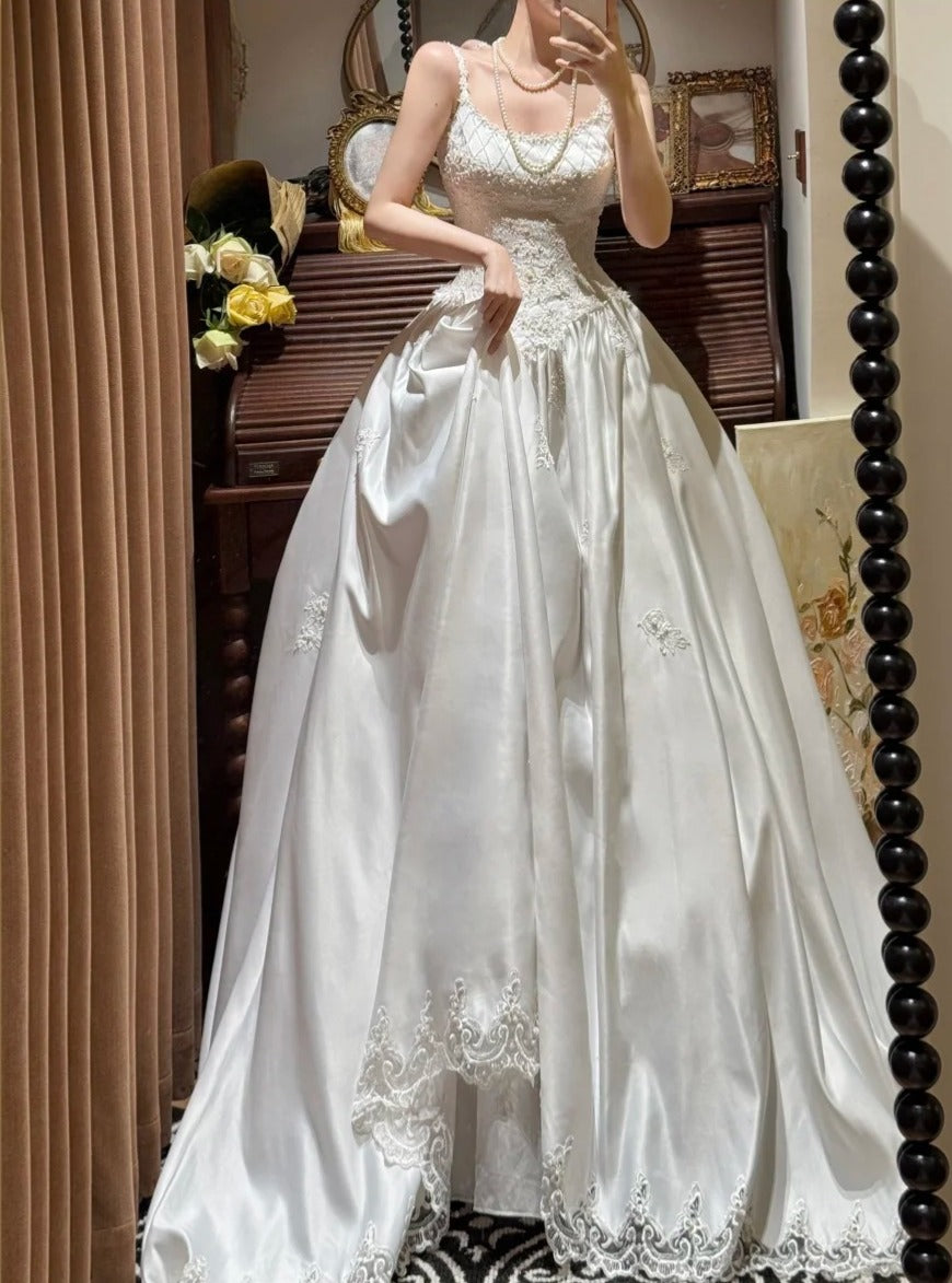Elegant Spaghetti Straps Pleated Wedding Dress D3123