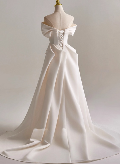 Minimalist A Line Off Shoulder Pleated Wedding Dress D3134