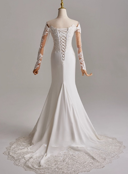 Stunning Wedding Dress Off Shoulder Long Sleeve Mermaid Wedding Dress D3141