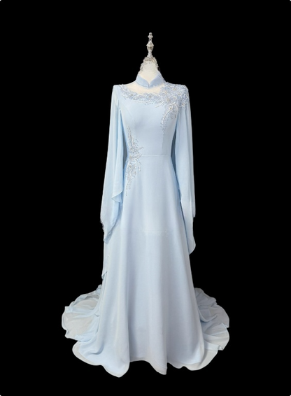 Beauty Mother of Bride Dress A Line Long Sleeve Pleated Mother of Bride Dress   D3151