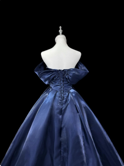 Stunning Prom Dress Dark Blue Asymmetrical Neck Pleated Ball Gown Evening Dress     D3152