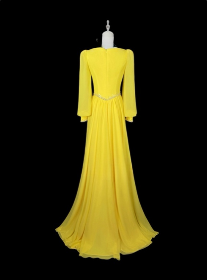 Elegant Prom Dress Yellow Crew Neck Pleated Evening Dress Gala Dress Mother of Bride Dress   D3155