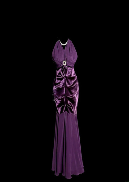 Elegant Prom Dress Purple V-neck Pleated Mermaid Evening Dress Gala Dress    D3214
