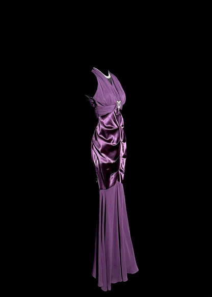 Elegant Prom Dress Purple V-neck Pleated Mermaid Evening Dress Gala Dress    D3214