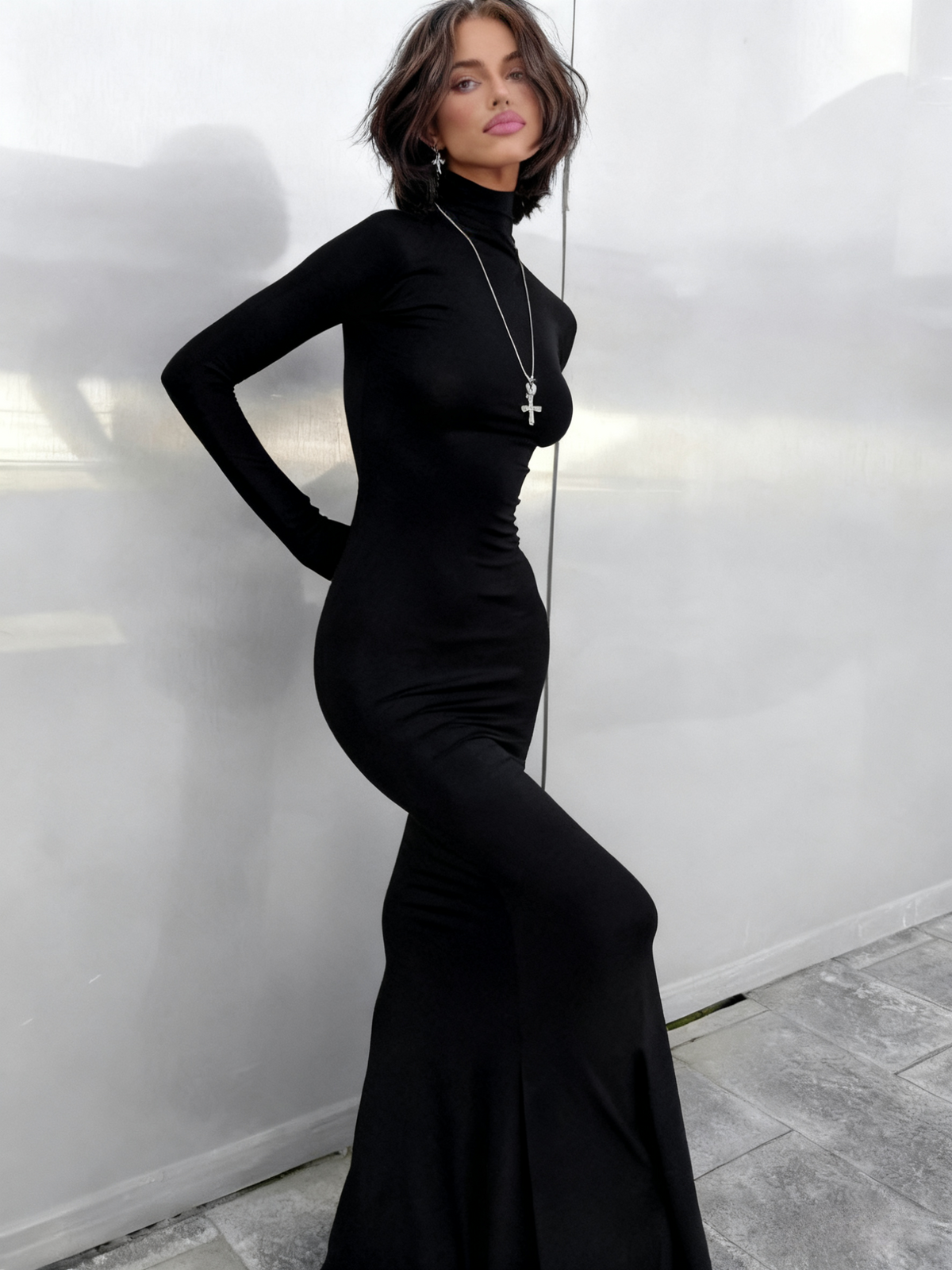 Minimalist Women Dress Black High Collar Casual Dress Daily Work Outfits   D3236