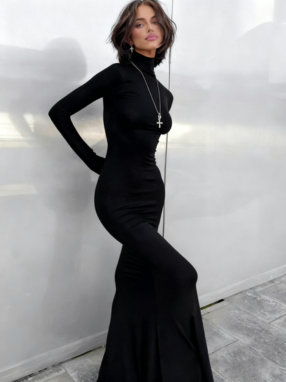 Minimalist Women Dress Black High Collar Casual Dress Daily Work Outfits   D3236