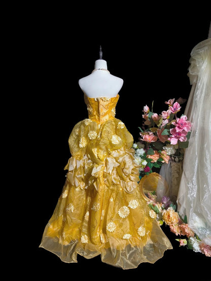 Stunning Prom Dress Yellow Strapless Pleated Evening Dress Birthday Party Outfits    D3244