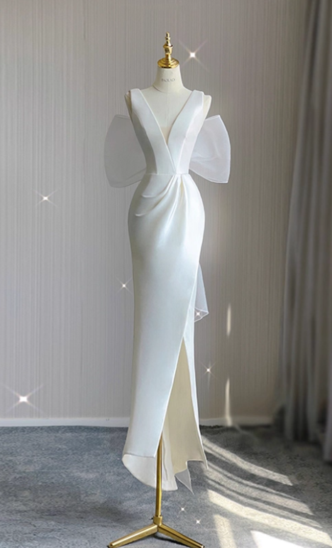Minimalist Wedding Dress V-neck Pleated Slit Wedding Dress  D3262