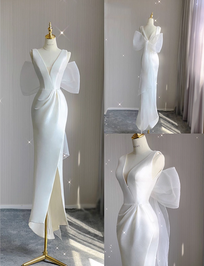 Minimalist Wedding Dress V-neck Pleated Slit Wedding Dress  D3262