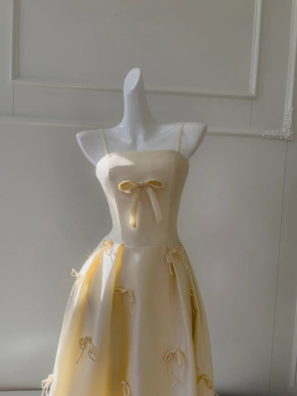 Sweet Prom Dress Light Yellow A Line Spaghetti Straps Long Birthday Party Outfits Evening Gown  D3277