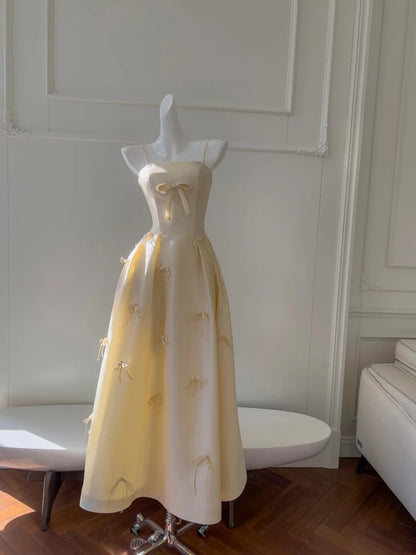 Sweet Prom Dress Light Yellow A Line Spaghetti Straps Long Birthday Party Outfits Evening Gown  D3277