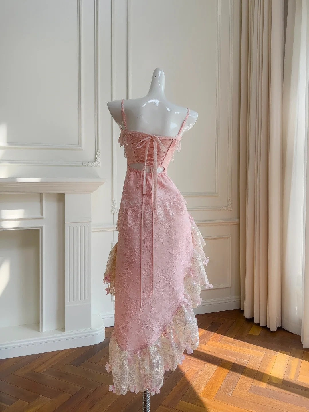 Stunning Prom Dress Pink Spaghetti Straps Lace Asymmetrical Hem Birthday Party Outfits Cocktail Dress  D3281