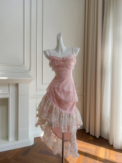 Stunning Prom Dress Pink Spaghetti Straps Lace Asymmetrical Hem Birthday Party Outfits Cocktail Dress  D3281