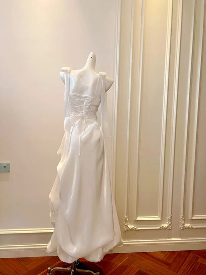 Elegant Prom Dress White A Line Square Neck Pleated Birthday Party Outfits Long Evening Dress  D3282