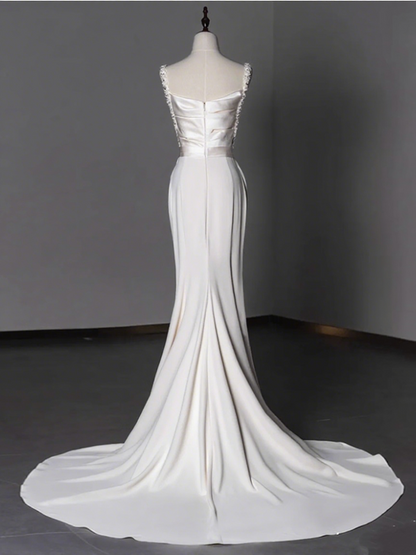 Minimalist Wedding Dress Spaghetti Straps Pleated Beading Mermaid Wedding Dress D3284