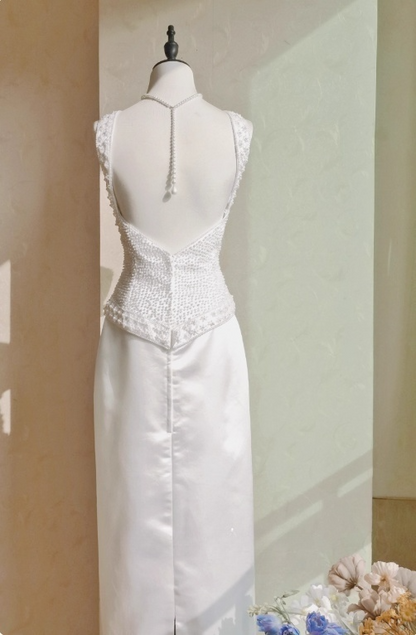 Elegant Wedding Dress Crew Neck Backless Beading Wedding Dress D3288