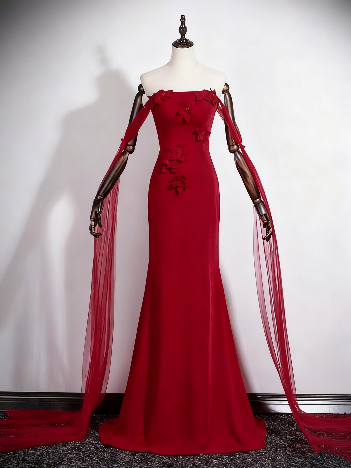 Gorgeous Prom Dress Wine Red Strapless Floral Mermaid Prom Dress   D3304