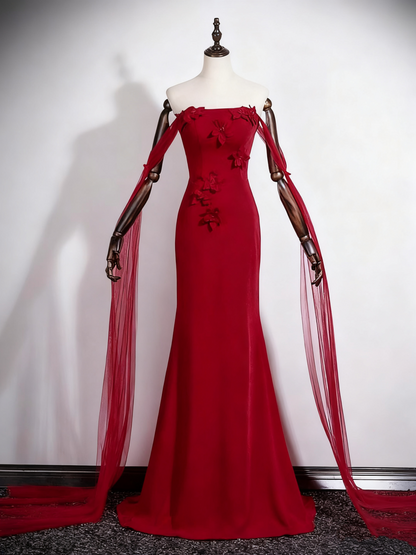Gorgeous Prom Dress Wine Red Strapless Floral Mermaid Prom Dress   D3304