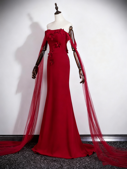Gorgeous Prom Dress Wine Red Strapless Floral Mermaid Prom Dress   D3304