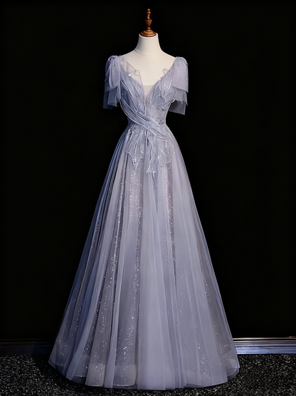 Stunning Prom Dress V-neck Tulle Pleated Birthday Party Outfits Evening Gown    D3314