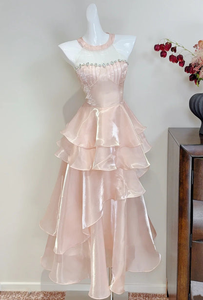 Beauty Prom Dress Pink Crew Neck Ruffle Cocktail Dress Birthday Party Dress  D3342