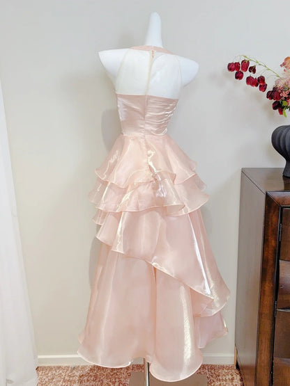 Beauty Prom Dress Pink Crew Neck Ruffle Cocktail Dress Birthday Party Dress  D3342