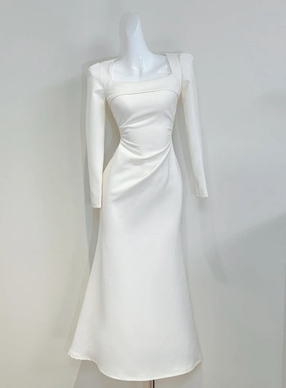 Minimalist Prom Dress Square Neck Pleated Mermaid Cocktail Dress Evening Dress  D3346