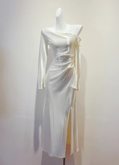 Minimalist Prom Dress One Shoulder Pleated Slit Cocktail Dress Birthday Party Outfits  D3349