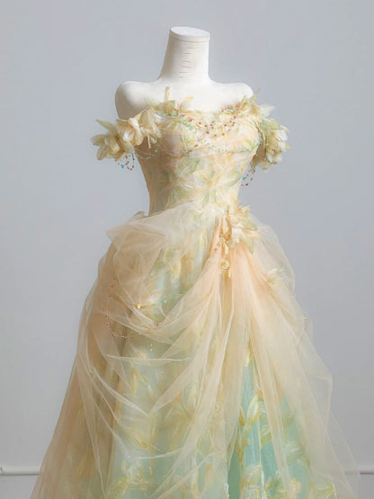 Stunning Prom Dress A Line Off Shoulder Tulle Pleated Print Evening Dress Quinceanera Dress   D3361