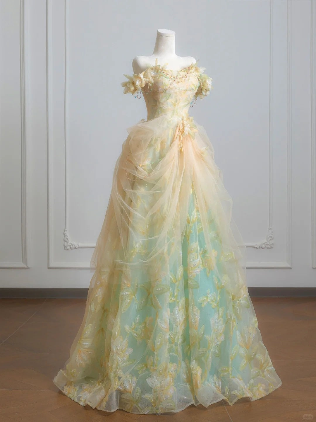 Stunning Prom Dress A Line Off Shoulder Tulle Pleated Print Evening Dress Quinceanera Dress   D3361