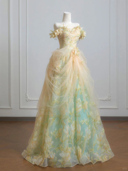 Stunning Prom Dress A Line Off Shoulder Tulle Pleated Print Evening Dress Quinceanera Dress   D3361