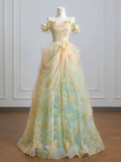Stunning Prom Dress A Line Off Shoulder Tulle Pleated Print Evening Dress Quinceanera Dress   D3361