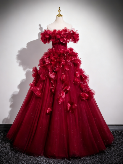 Gorgeous Prom Dress Off Shoulder Flower Tulle Pleated Evening Dress Quinceanera Dress      D3370