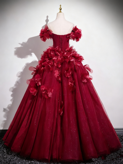 Gorgeous Prom Dress Off Shoulder Flower Tulle Pleated Evening Dress Quinceanera Dress      D3370