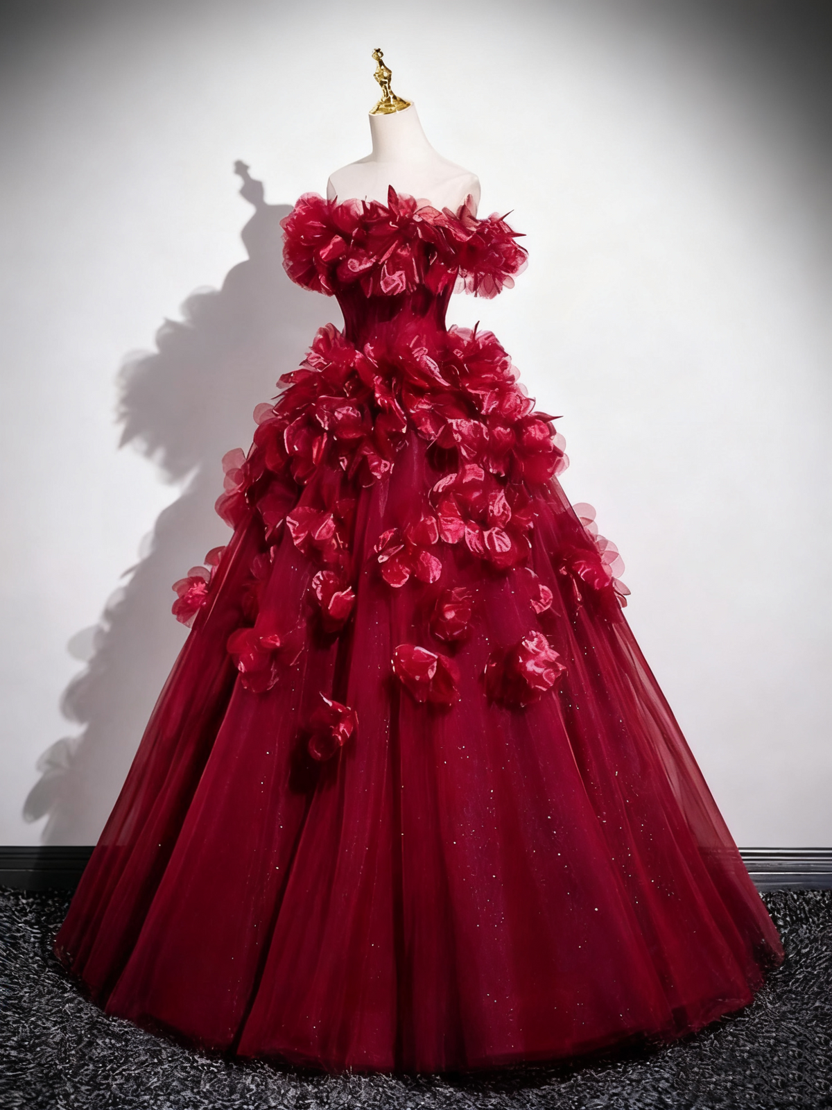 Gorgeous Prom Dress Off Shoulder Flower Tulle Pleated Evening Dress Quinceanera Dress      D3370