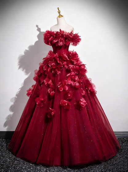Gorgeous Prom Dress Off Shoulder Flower Tulle Pleated Evening Dress Quinceanera Dress      D3370