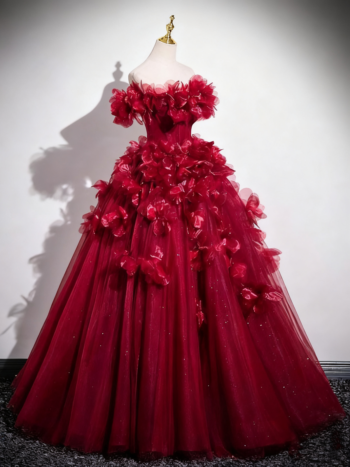 Gorgeous Prom Dress Off Shoulder Flower Tulle Pleated Evening Dress Quinceanera Dress      D3370